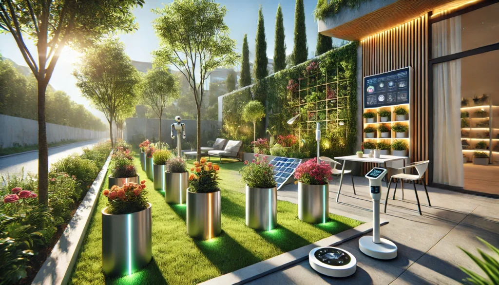 A modern outdoor garden featuring smart plant care solutions