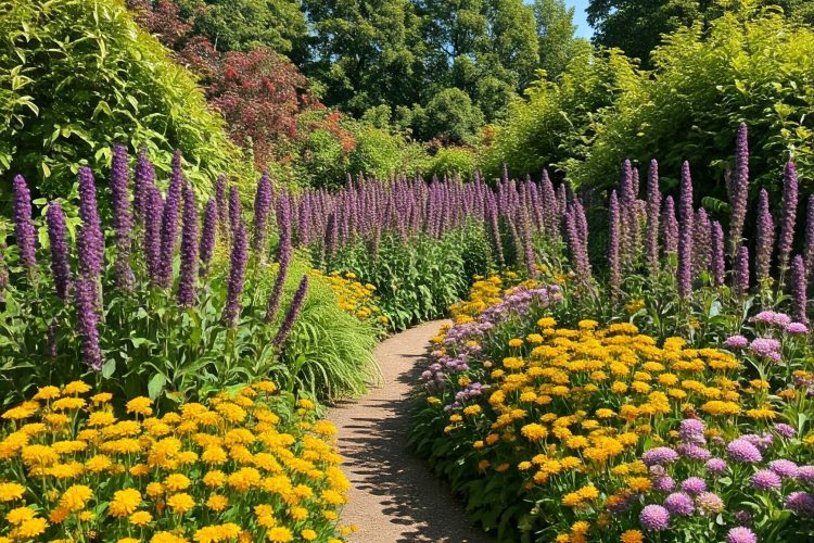 color-trend-4 garden landscape showcasing a harmonious blend of complementary flower colors