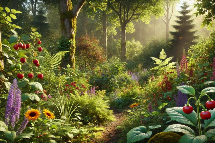 lush and diverse forest garden scene, showcasing various layers of vegetation