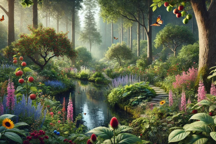 lush forest garden filled with diverse layers of vegetation