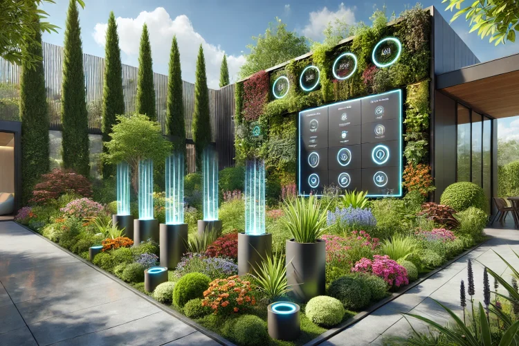 A vibrant smart garden featuring a variety of flourishing plants in modern planters