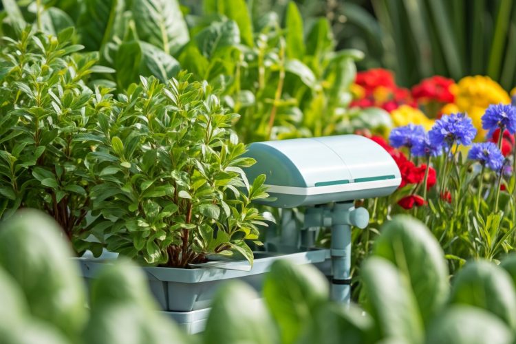A modern smart garden setup featuring sleek hydroponic systems