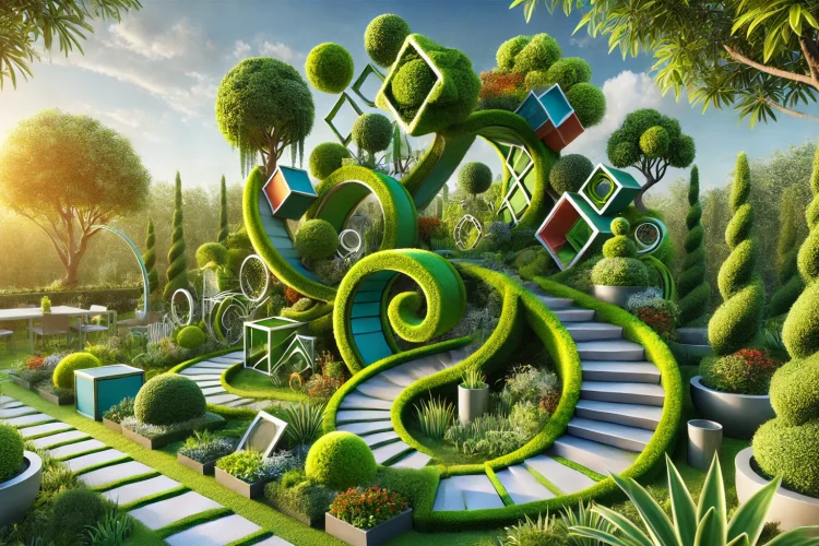 topiary-2 Whimsical topiary garden featuring modern geometric shapes and vibrant colors