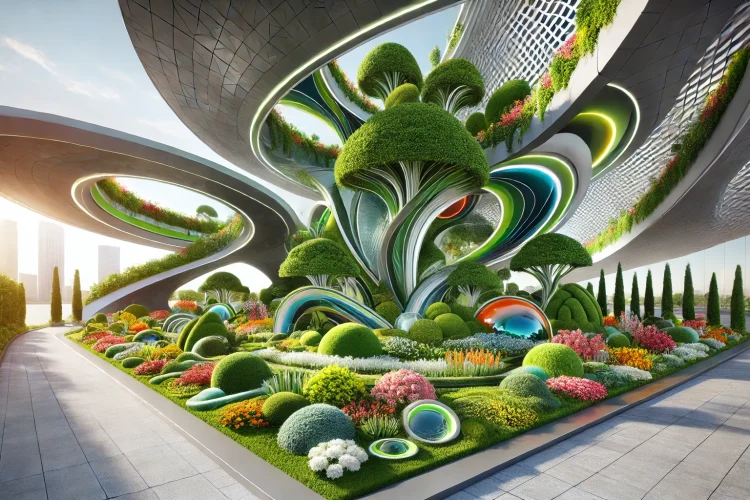 topiary-3 Futuristic topiary garden, featuring abstract geometric shapes, organic curves